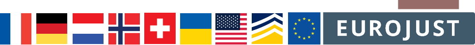 flags of FR DE NL NO CH UA US logos of europol and eurojust